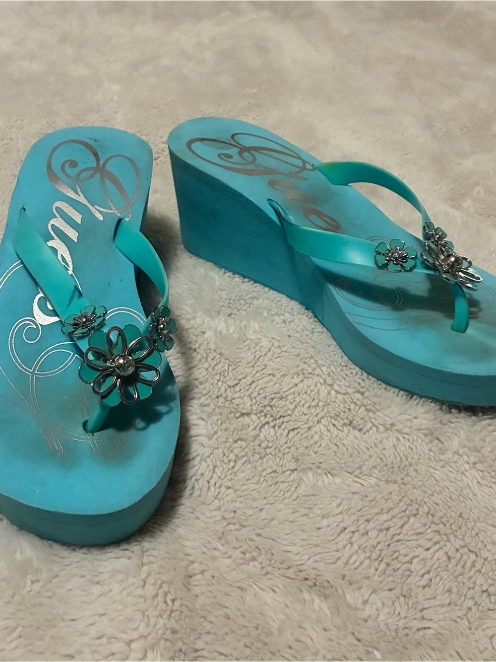 Guess Turquoise Floral-Accent Wedge Flip Flops